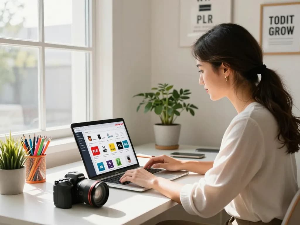 Buy PLR Digital Products in a modern home office, showcasing a woman engaging with a laptop.