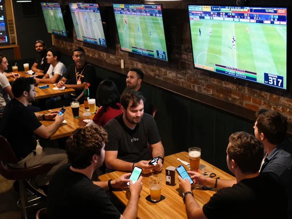 Fans placing bets and cheering for BK33 sports events in an energetic sports bar atmosphere