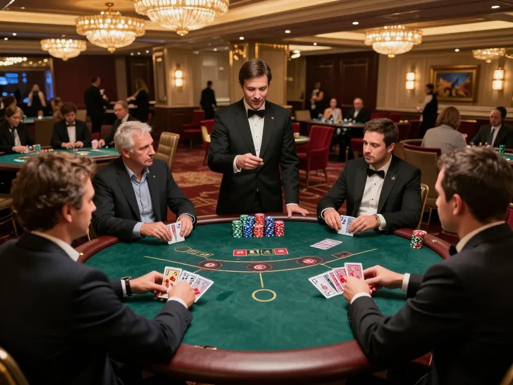 ATQ poker players strategizing in a luxurious game setting, dynamic atmosphere, and vibrant chips.