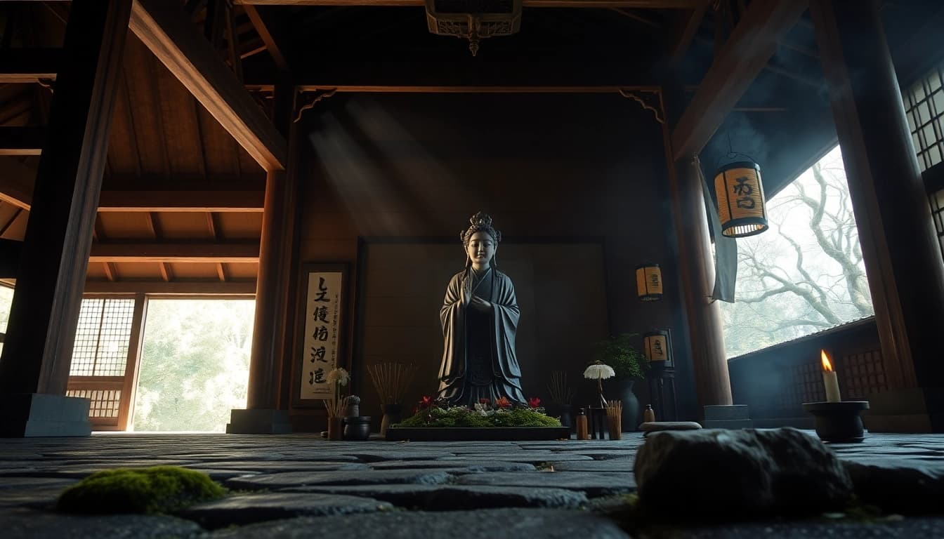 静かな日本の寺院に安置された即身仏像。供物と自然の要素に囲まれている。