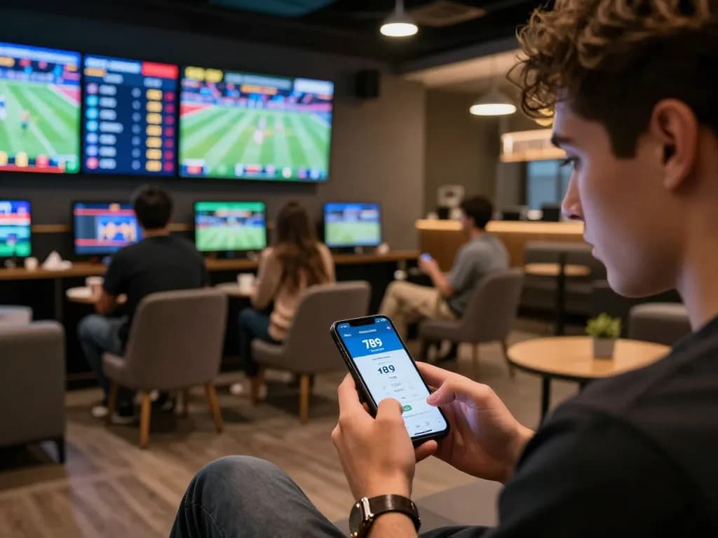 Engaging moment placing bets on the 789 win app in a lively sports lounge with friends.