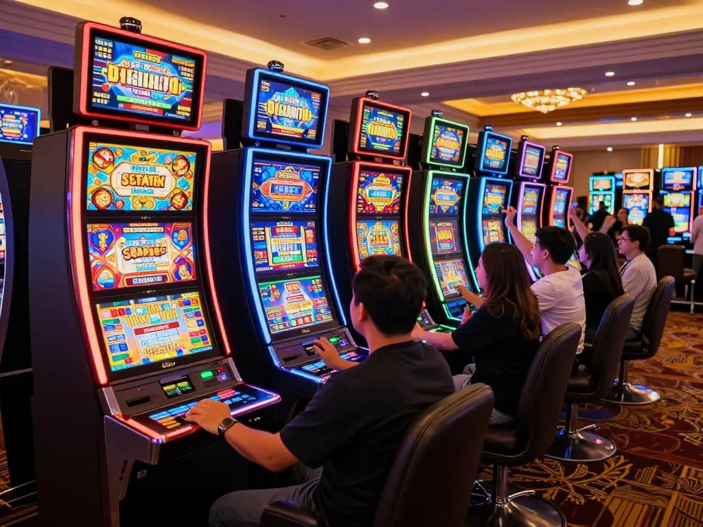 Players enjoying their slot machine experience in a vibrant casino, celebrating wins and focused on gameplay.