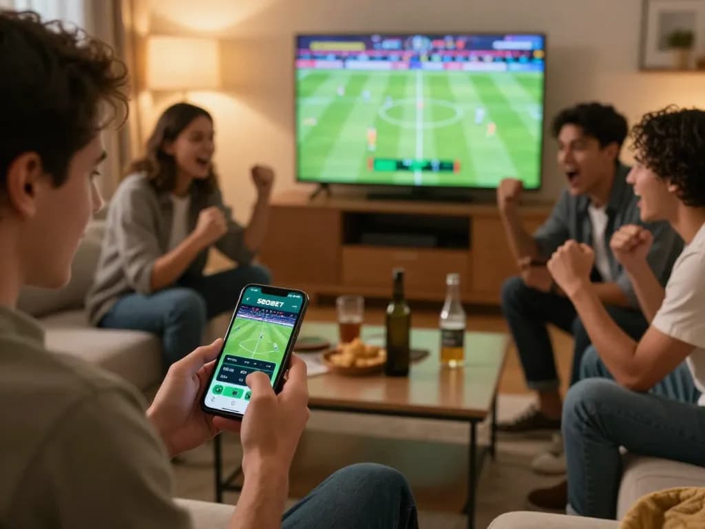SBOBET app on smartphone shows live betting during an exciting football match, friends engaged in sports betting discussion.