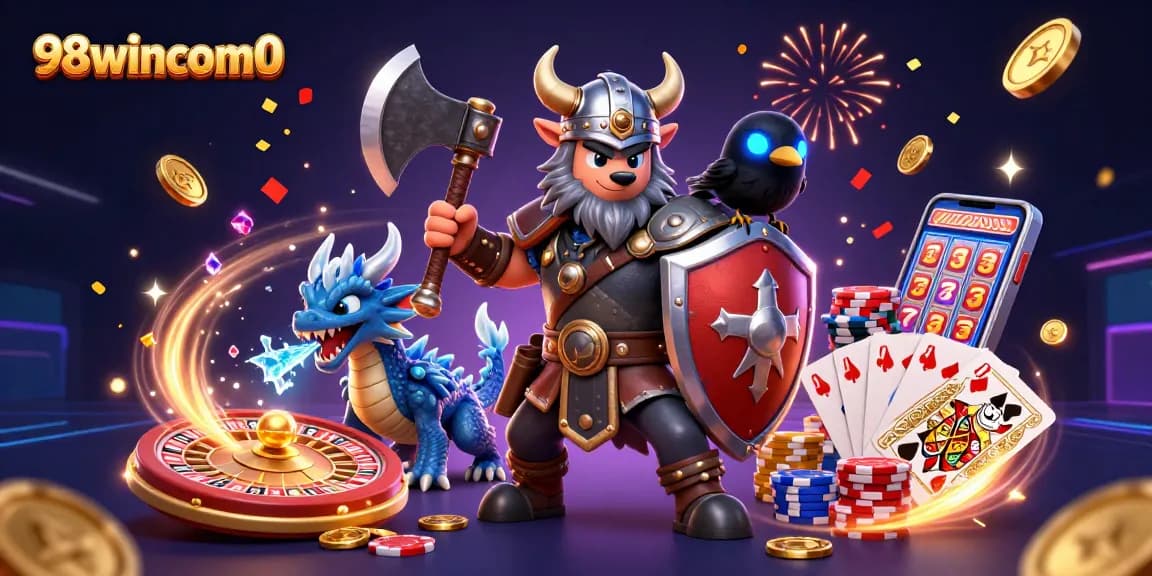 Experience excitement at 98wincom0, where a Viking wolf warrior and dragon conquer dazzling casino elements.