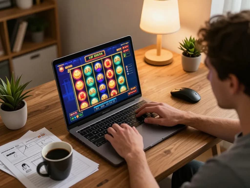 Player engaging with slot games on laptop in cozy home setting, focusing on responsible gaming