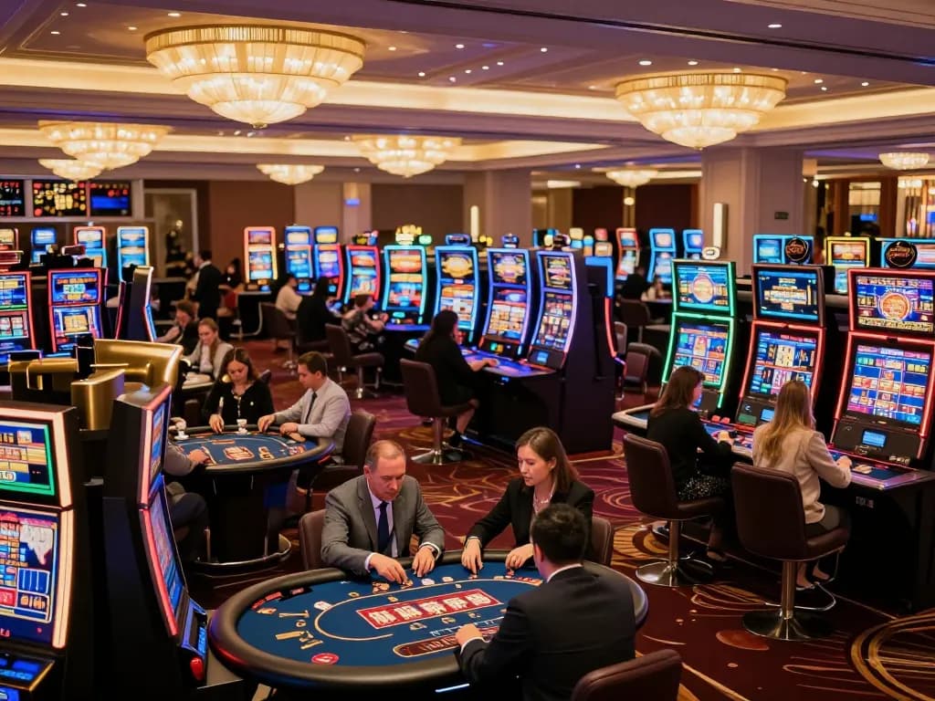 Players enjoying various games at NHÀ CÁI MAX88 in a vibrant casino atmosphere with luxurious decor.