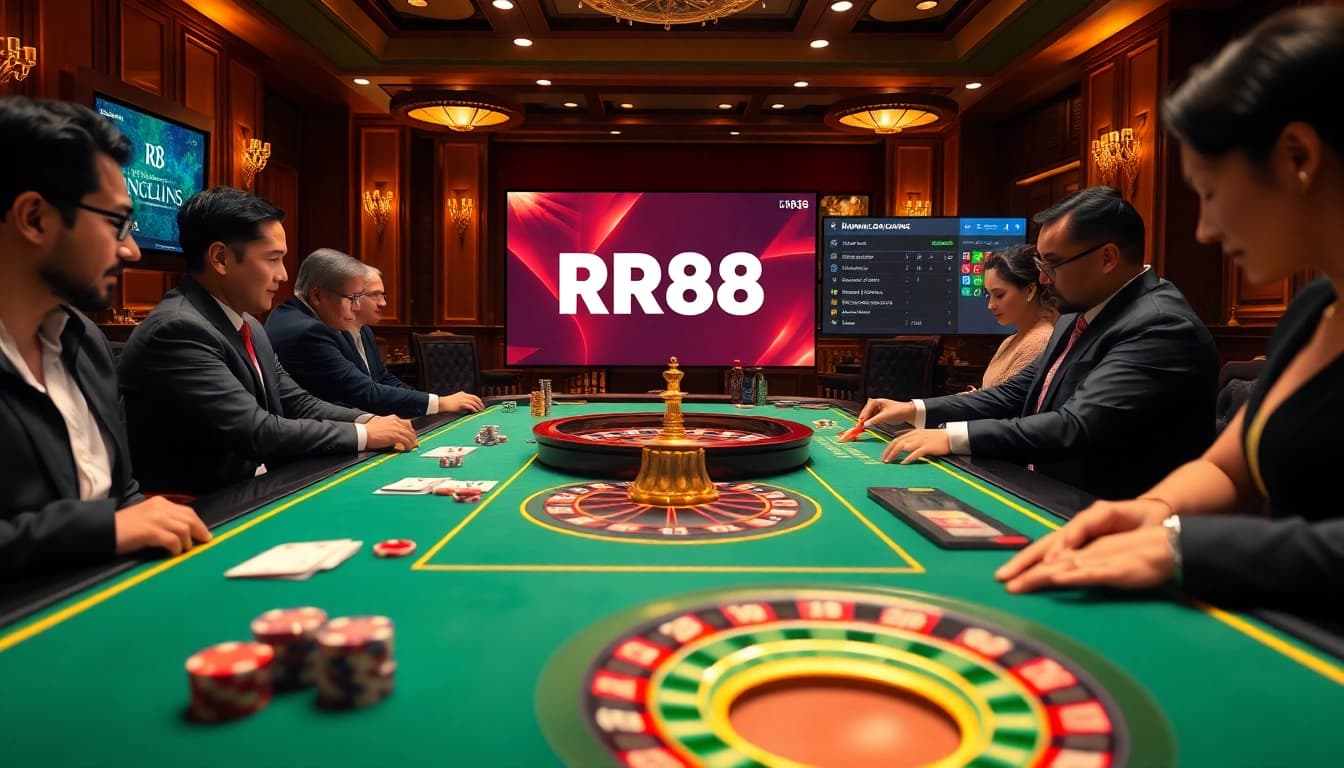 Experience thrilling gameplay with RR88 at the sophisticated casino table featuring cards and chips.