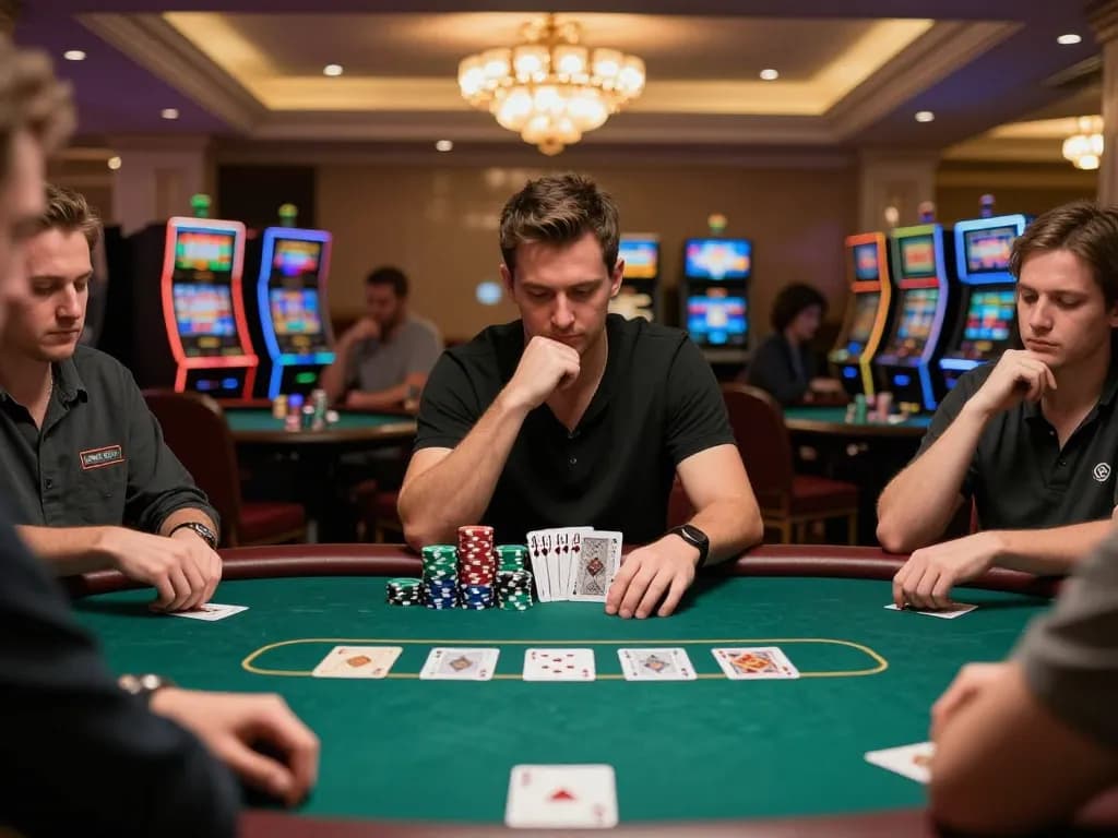 Player strategizing with strong hand at a poker table amidst casino excitement at Ok9.