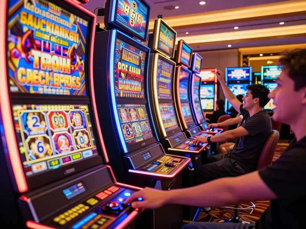 Pemain menikmati mesin slot di kasino online Bintangmpo, merayakan kemenangan yang mendebarkan.
