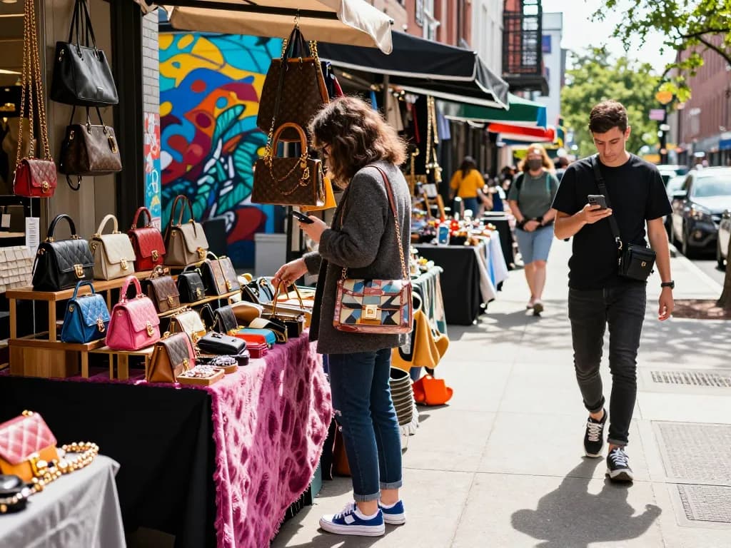 Shopper enjoying 레플리카 luxury items in vibrant urban marketplace.