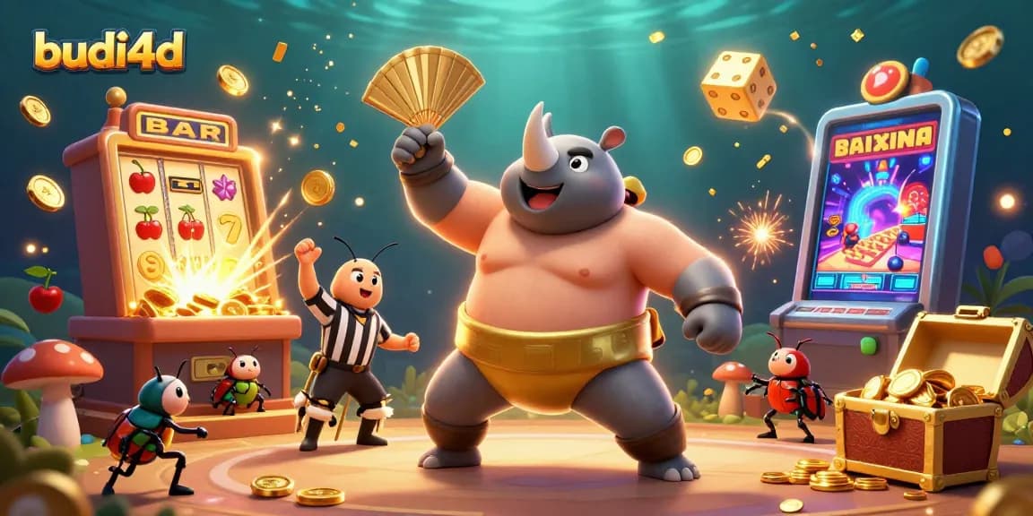 Experience the excitement of budi4d gaming with a rhinoceros beetle sumo champion unleashing coins and jackpot symbols
