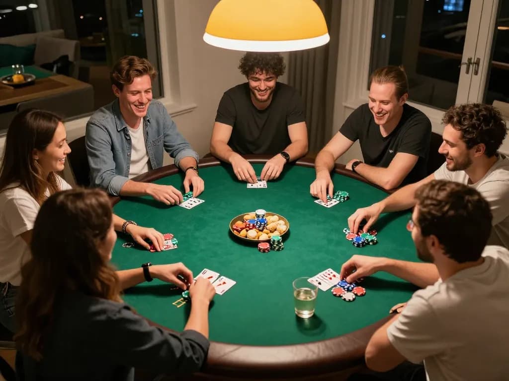 Haywin players enjoying a poker game night with vibrant chips on green felt