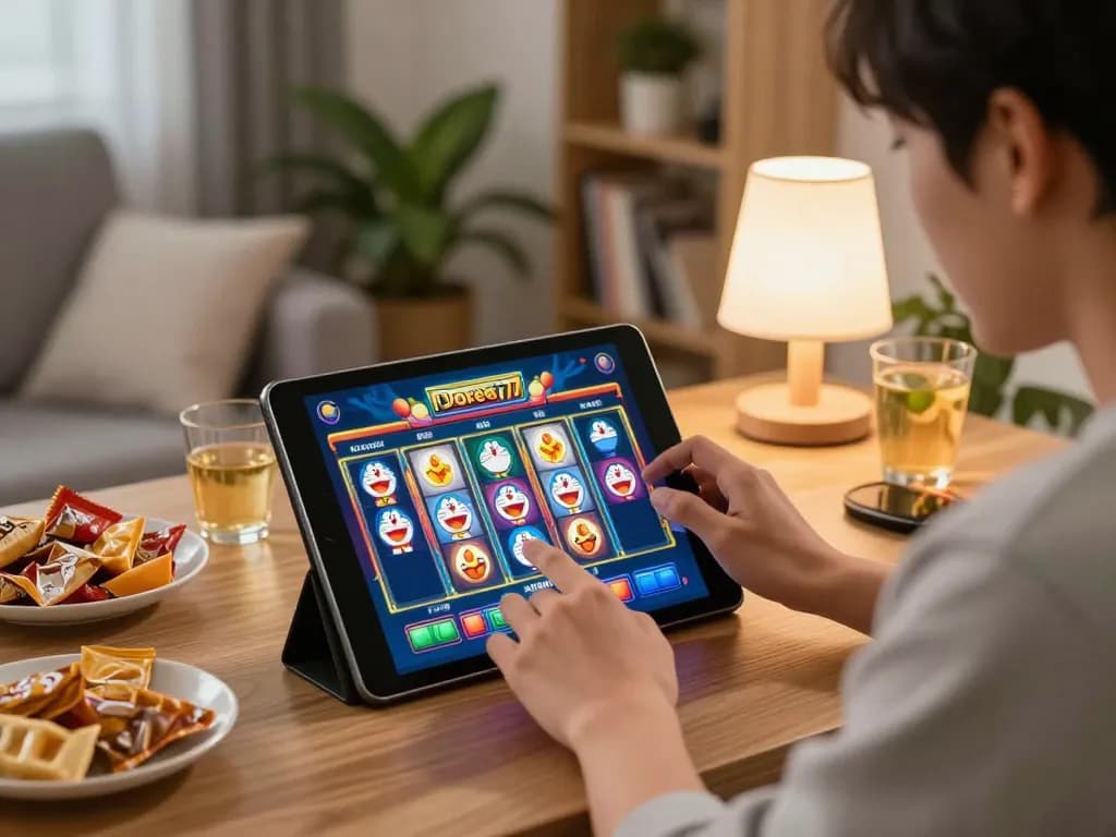 Engaging BUKA77 slot game session on a tablet in a cozy living room.