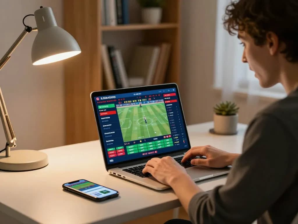 Person analyzing sports betting odds on laptop while using fabet app in a cozy home setting.