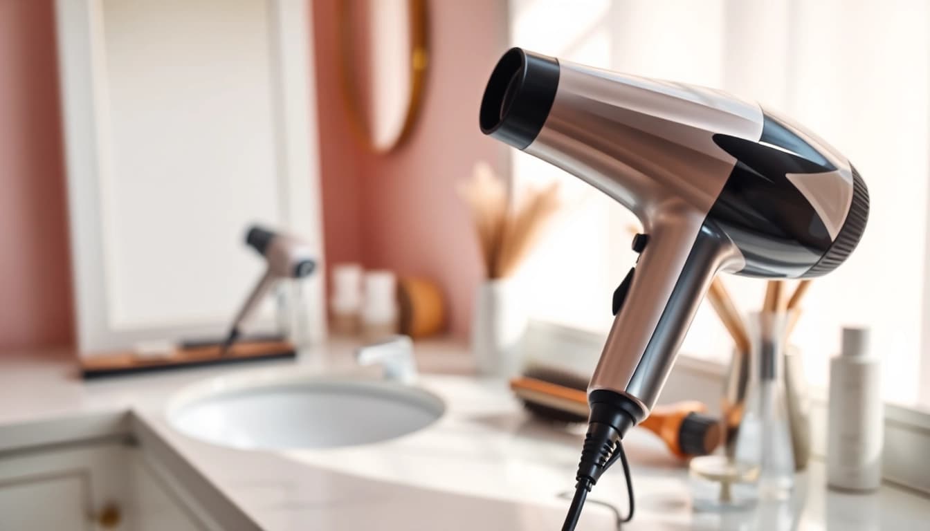 Boost your styling with this elegant hair dryer for fine hair on a stylish vanity.