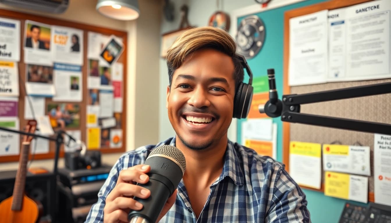 Engaging host broadcasting live from hometownstation.com radio studio with colorful decor.
