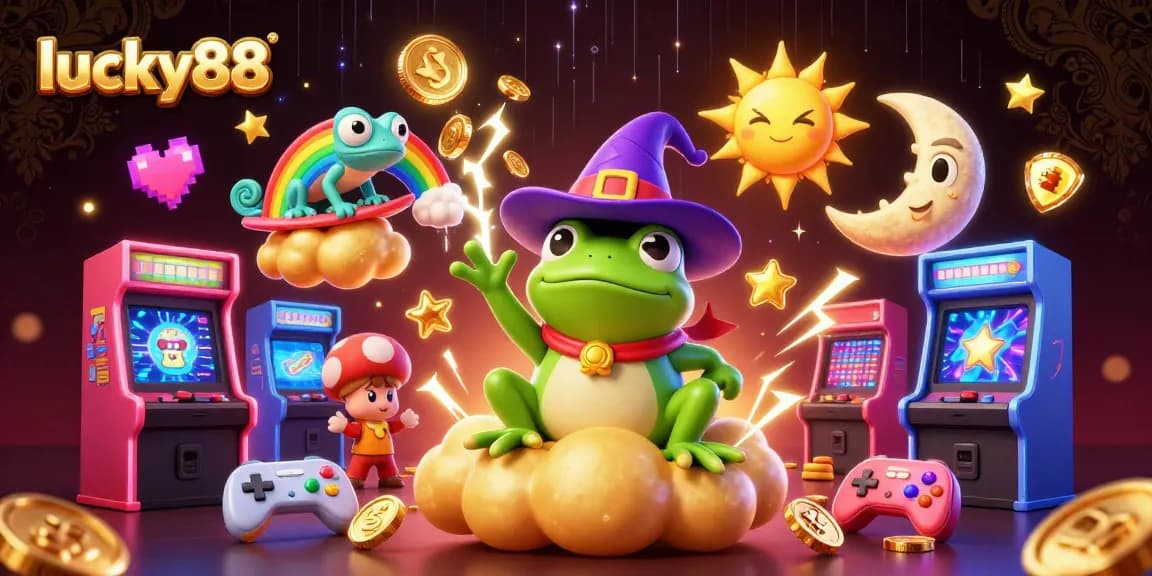 Spin to win at lucky88 with vibrant 3D characters amidst a golden coin storm and classic arcade gaming elements.