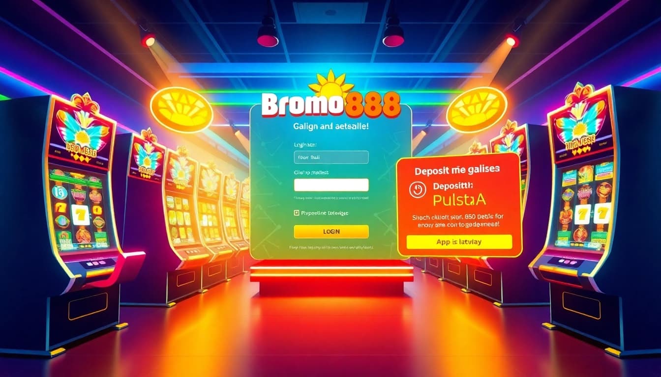 BROMO888 online slot gaming interface with vibrant colors and engaging login features.