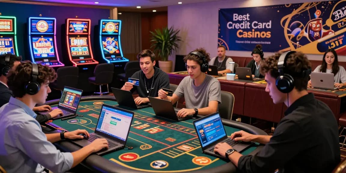 The vibrant scene at credit card casinos with players enjoying games on laptops and mobiles while engaging in seamless transactions.