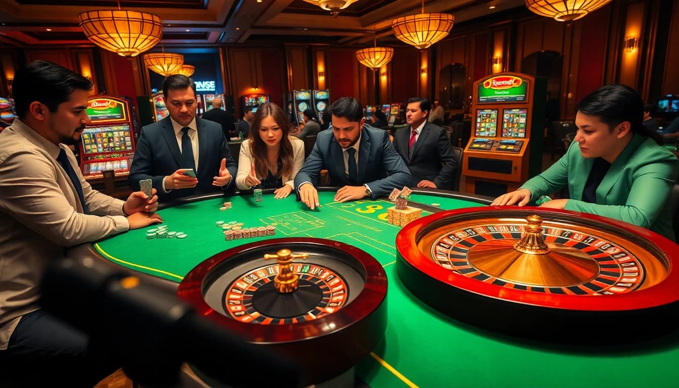 Players strategizing in a vibrant casino scene at Go88vn, showcasing poker, chips, and roulette.
