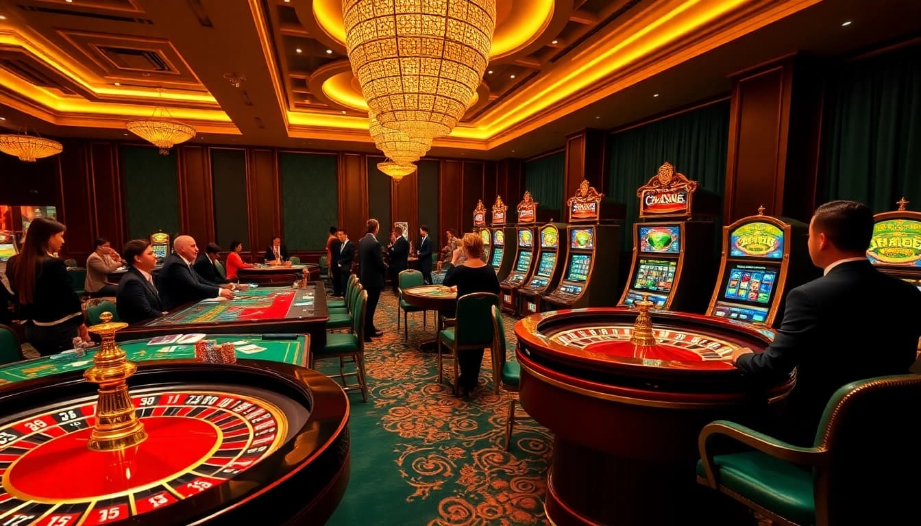 Experience thrilling gaming at https://xx88.se.net/ with dynamic tables and vibrant slot machines lighting up the casino.