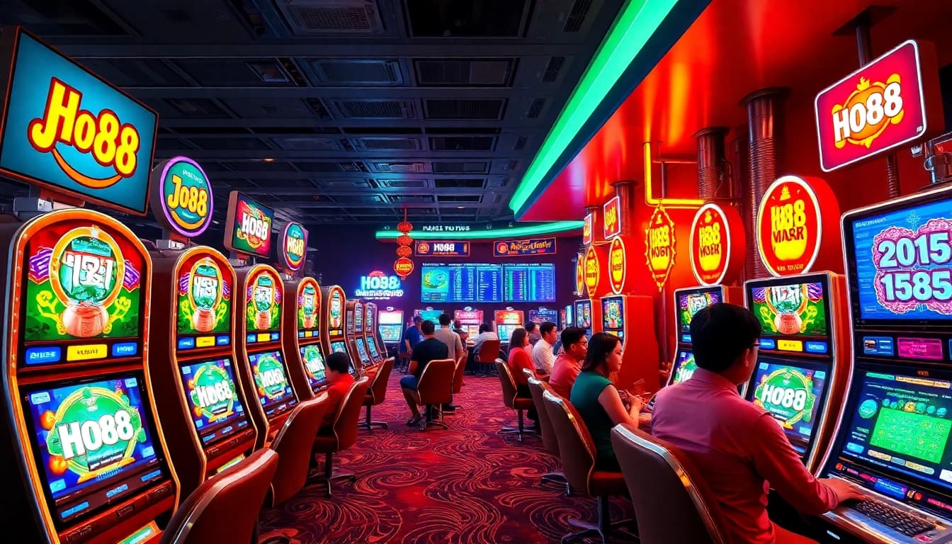 Vibrant digital casino scene featuring Ho88 slot machines, showcasing Asian games and live betting options.