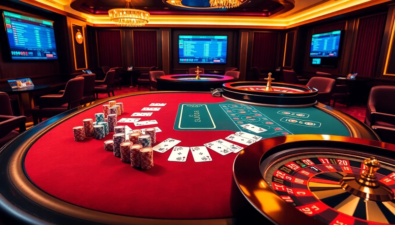SODO66 players engaging at a vibrant casino table filled with cards and chips.