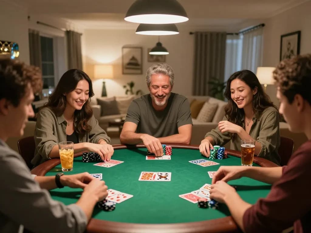 Players enjoying a strategic poker night at home, highlighting paris888 gaming excitement and social bonding.