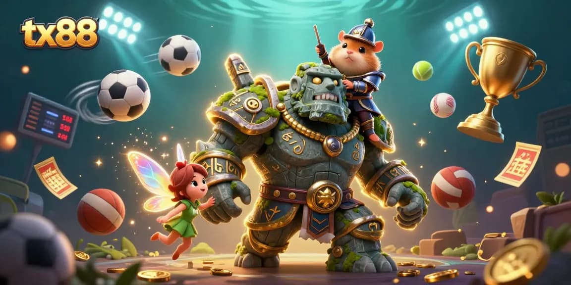 Experience thrilling gameplay with tx88's vibrant casino scene showcasing a dynamic golem and magical companions.