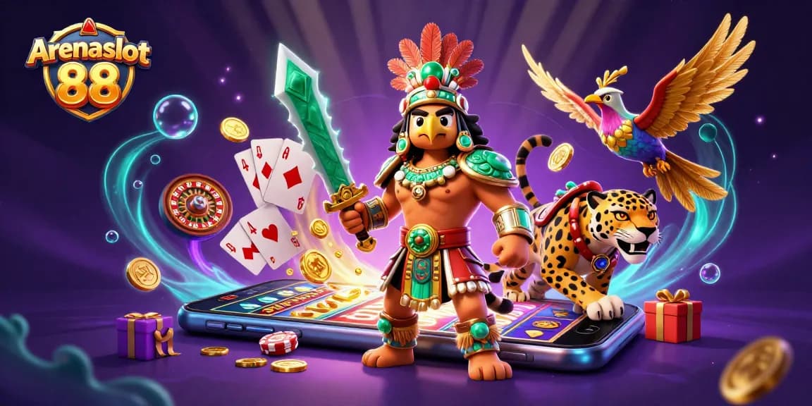 Arenaslot 88 menampilkan ilustrasi karakter Aztec dan permainan slot yang mengesankan di latar belakang magis