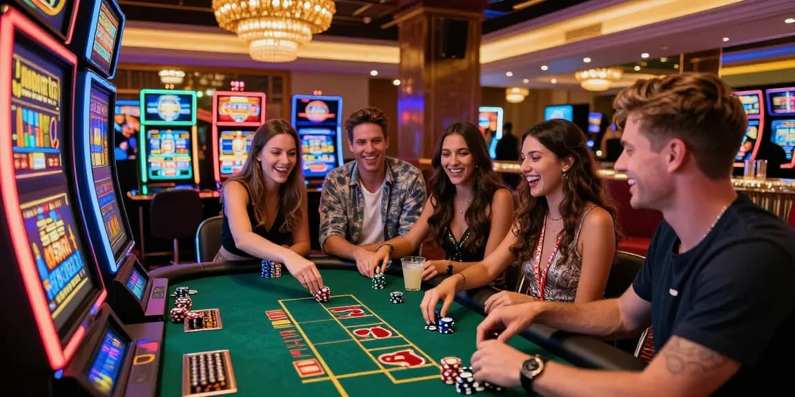 Friends celebrating a jackpot win at JPTOTO casino with flashing lights and vibrant atmosphere.