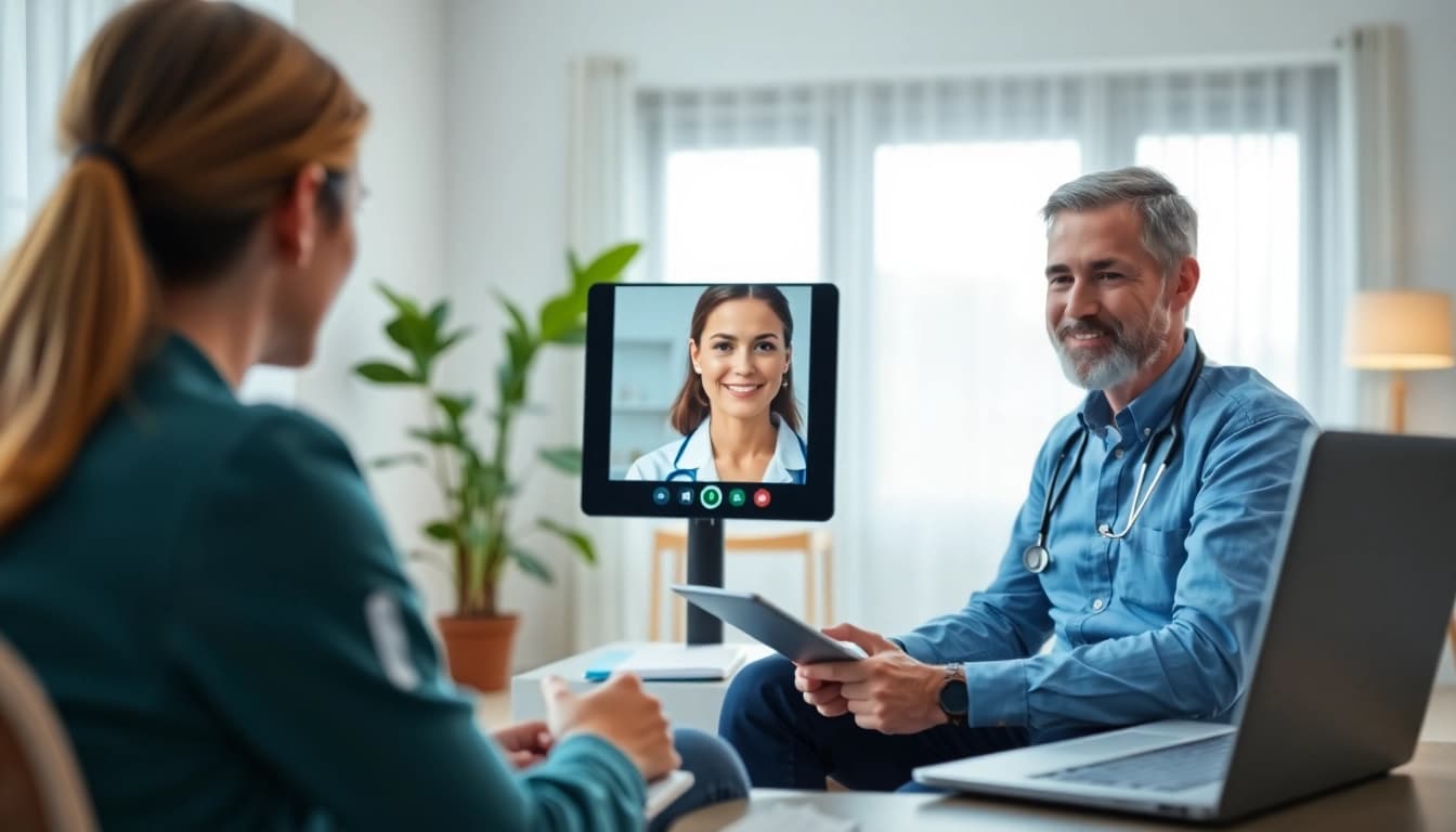 Interactively talk to a doctor online without appointment through video consultation in a modern office.