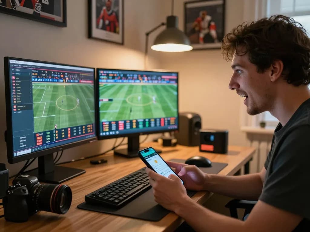 Betting on live sports at home with 789BET app, integrated screens showing odds and excitement