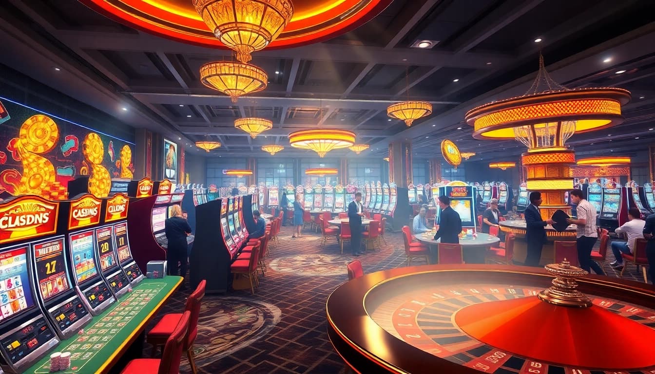 Experience the vibrant gambling world of KJC AC 1 with players enjoying casino tables and slot machines.