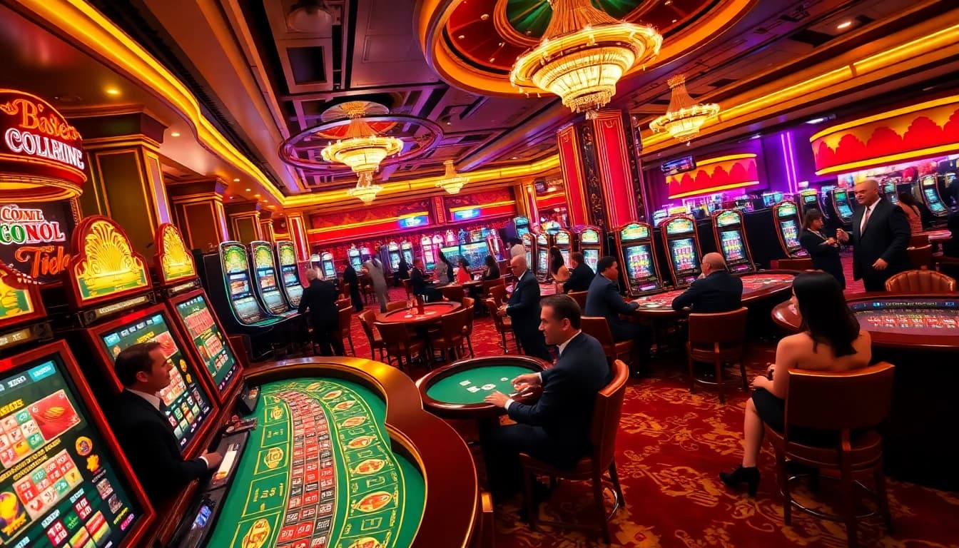 An exciting gaming scene at mk8th.net showcasing luxury casinos with vibrant tables and slot machines.