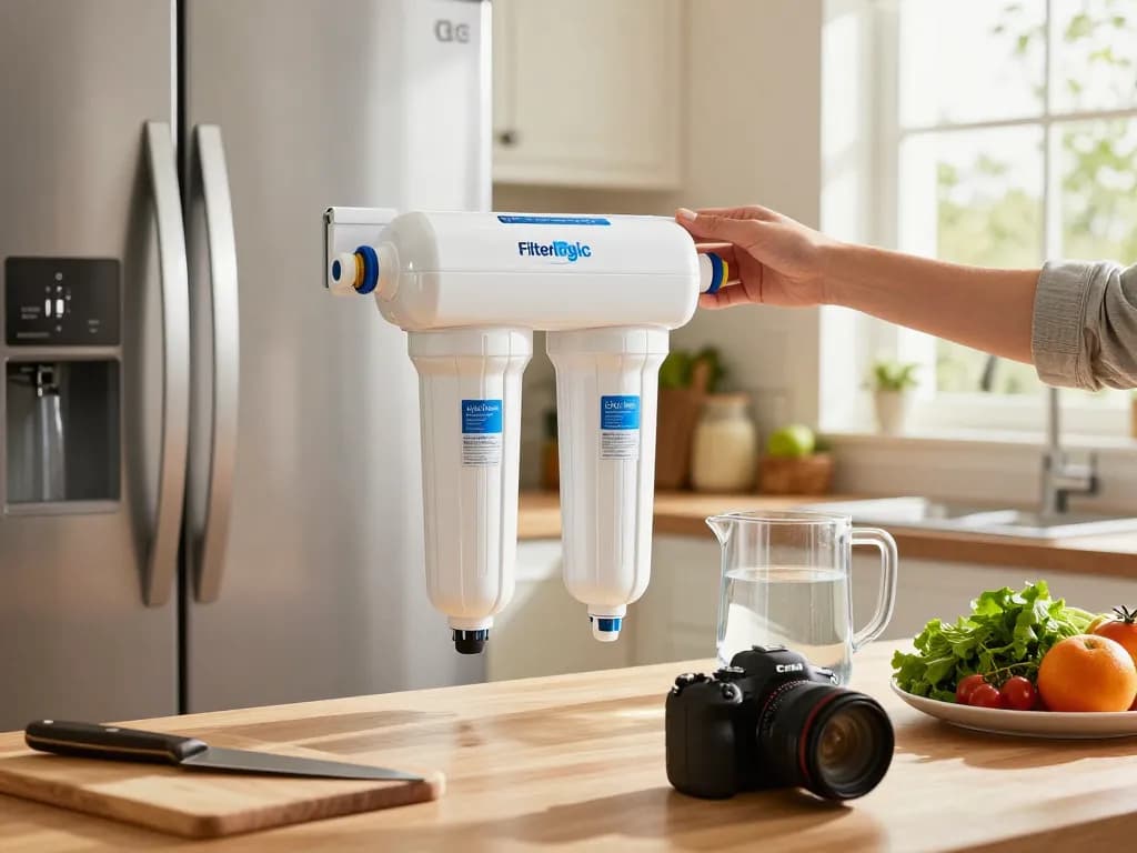 Replacing the Filterlogic LT1000PC ADQ747935 MDJ64844601 NSF Certified Refrigerator Water Filter and Air Filter in a cozy kitchen.