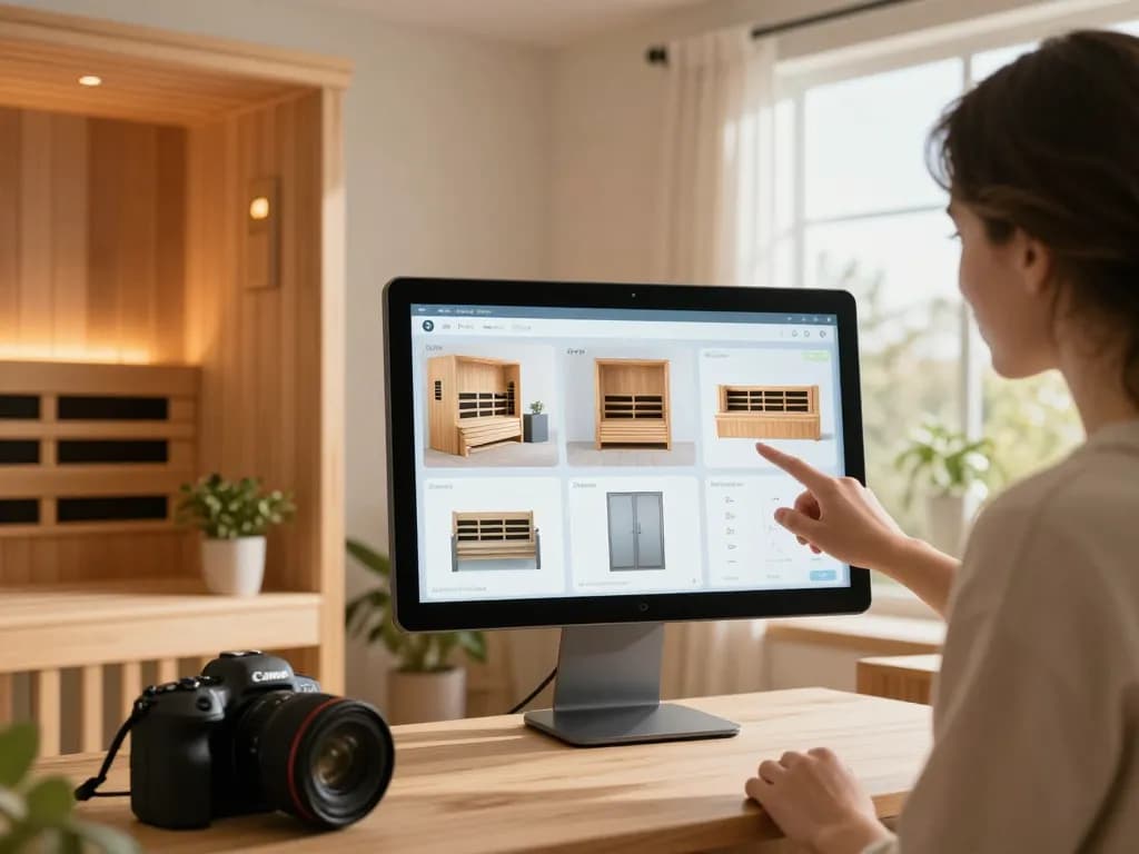 Engaging sauna configurator interface showcasing customizable designs and features in a serene wellness environment.