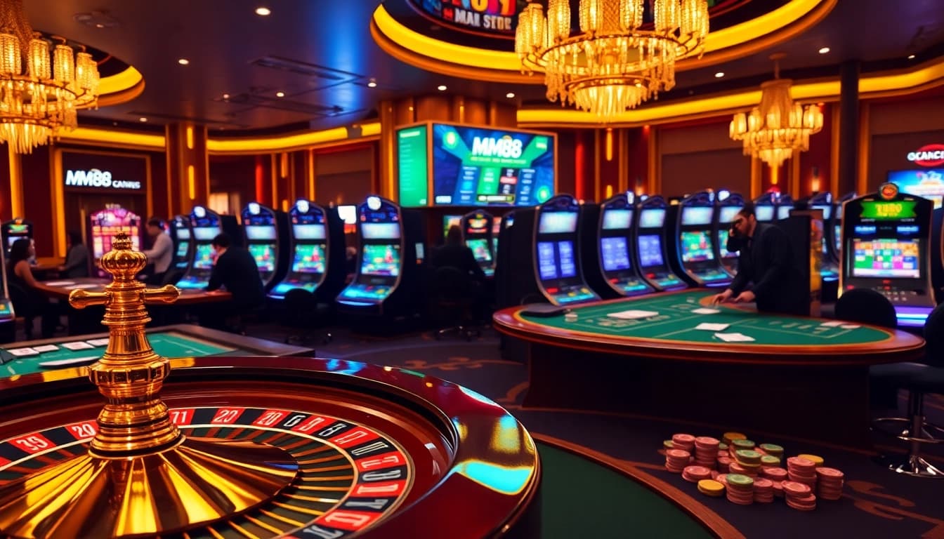 Players enjoying games at MM88's elegant casino, featuring roulette and poker tables.