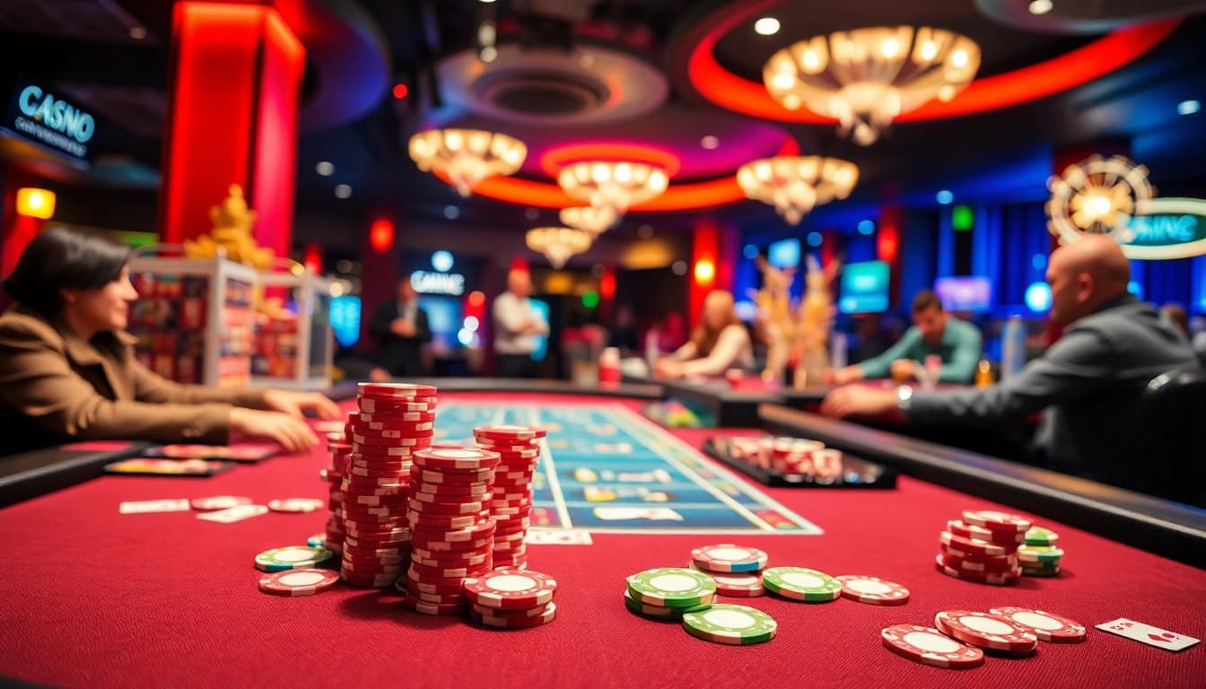 Situs toto menampilkan suasana kasino yang meriah dengan pemain dan meja permainan yang dinamis.