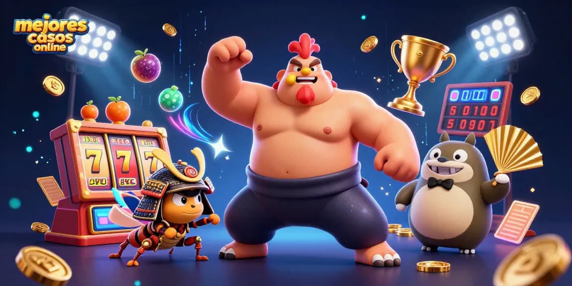 Ilustración 3D de un poderoso sumo y un cangrejo luchador en los mejores casinos online, rodeados de símbolos de tragamonedas.