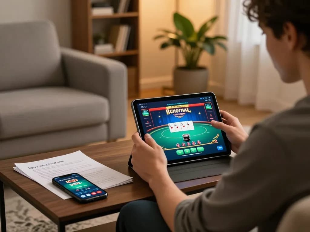 Engaging gameplay with UG88 app on tablet, highlighting poker excitement and cozy home atmosphere.