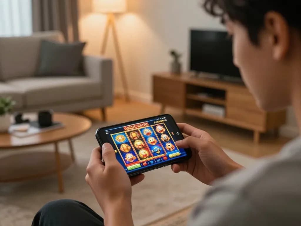 Engaging smartphone gameplay featuring slot gacor hari ini in a cozy home setting.