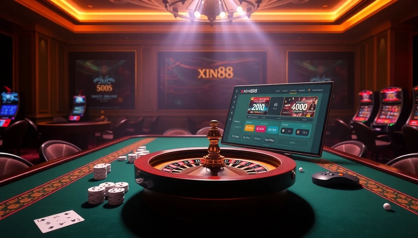 Experience the thrill of gambling at xin88 with a captivating casino table and roulette wheel in action.