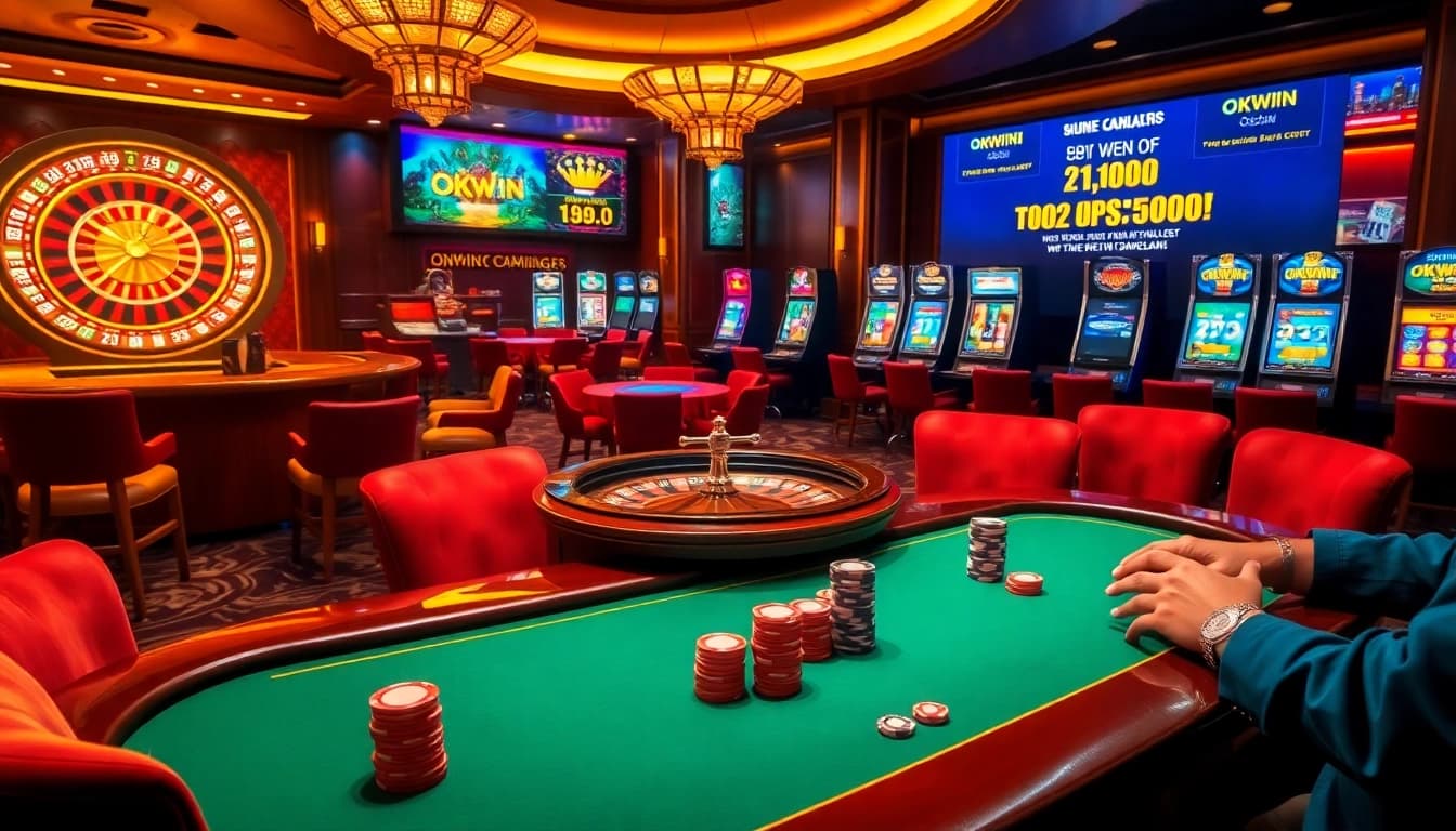 Experience excitement at okwin's vibrant casino tables with players engaging in thrilling games.