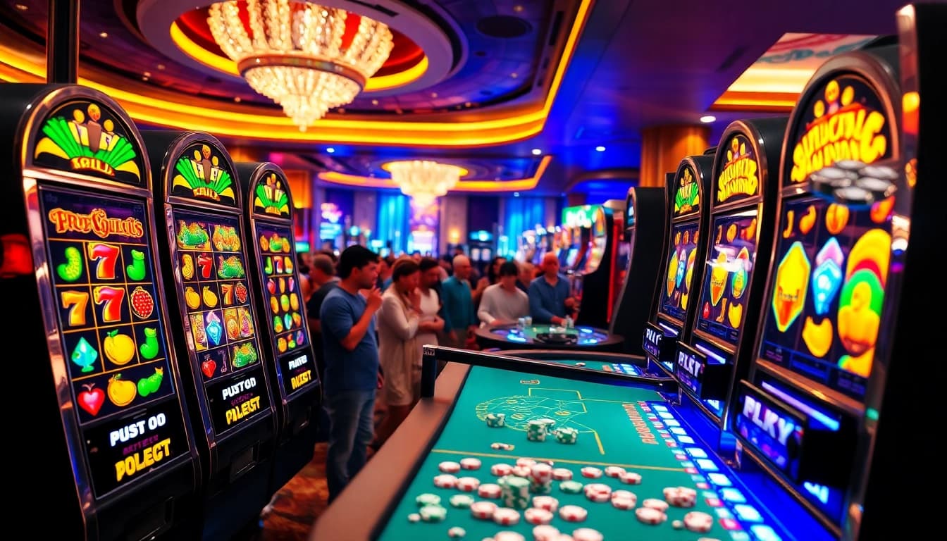 Excited player activating a slot machine surrounded by vibrant casino tables.