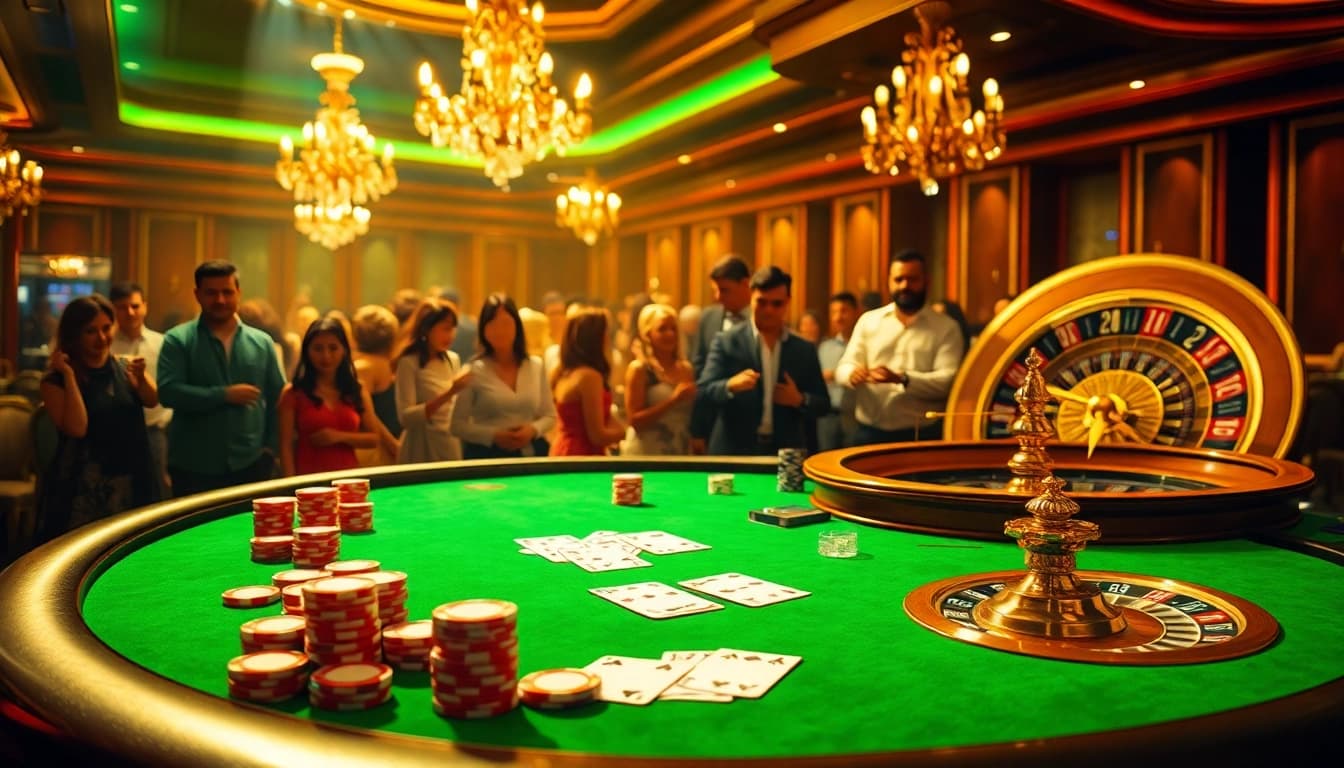 BROMO888 showcases thrilling casino action with vibrant poker chips and excited players around a high-stakes table.