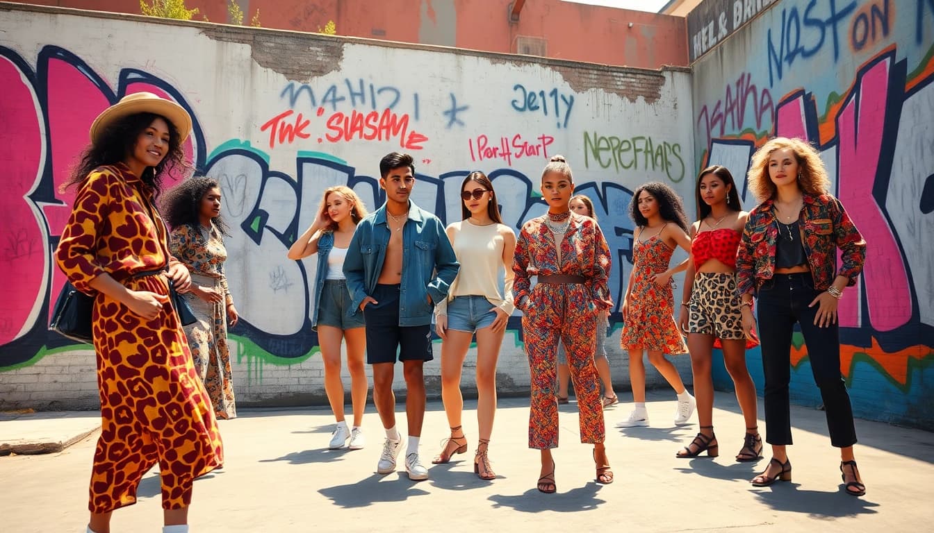 Women in diverse Fashion outfits posing against an urban mural backdrop.