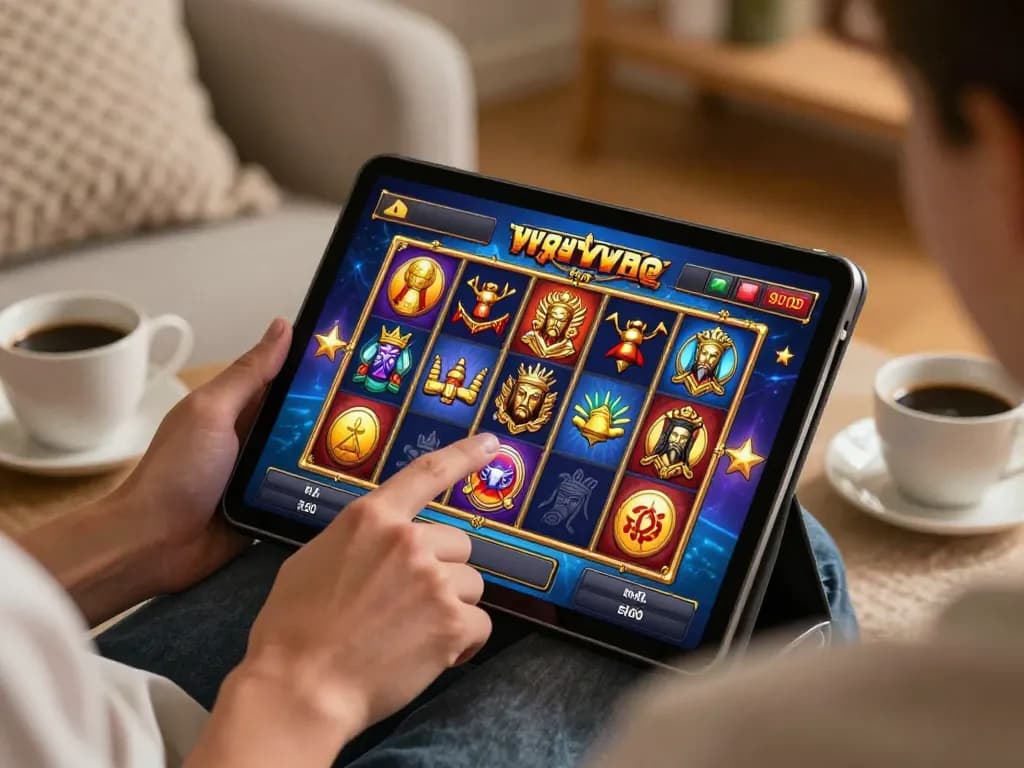 Engaging slot demo game on a tablet, showcasing vibrant reels with Zeus symbols for an immersive online experience.