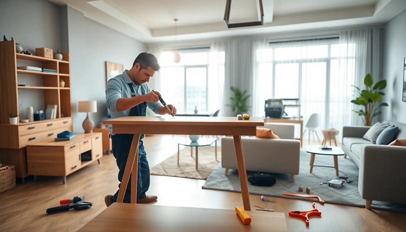 Showcase assembly and installation services with a technician assembling stylish furniture in a welcoming living room.