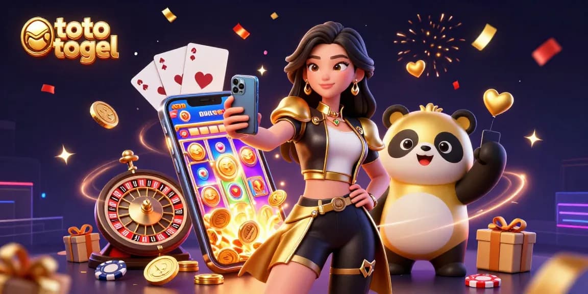 Experience the excitement of toto togel with a vibrant illustration featuring an Asian woman and a golden panda mascot.